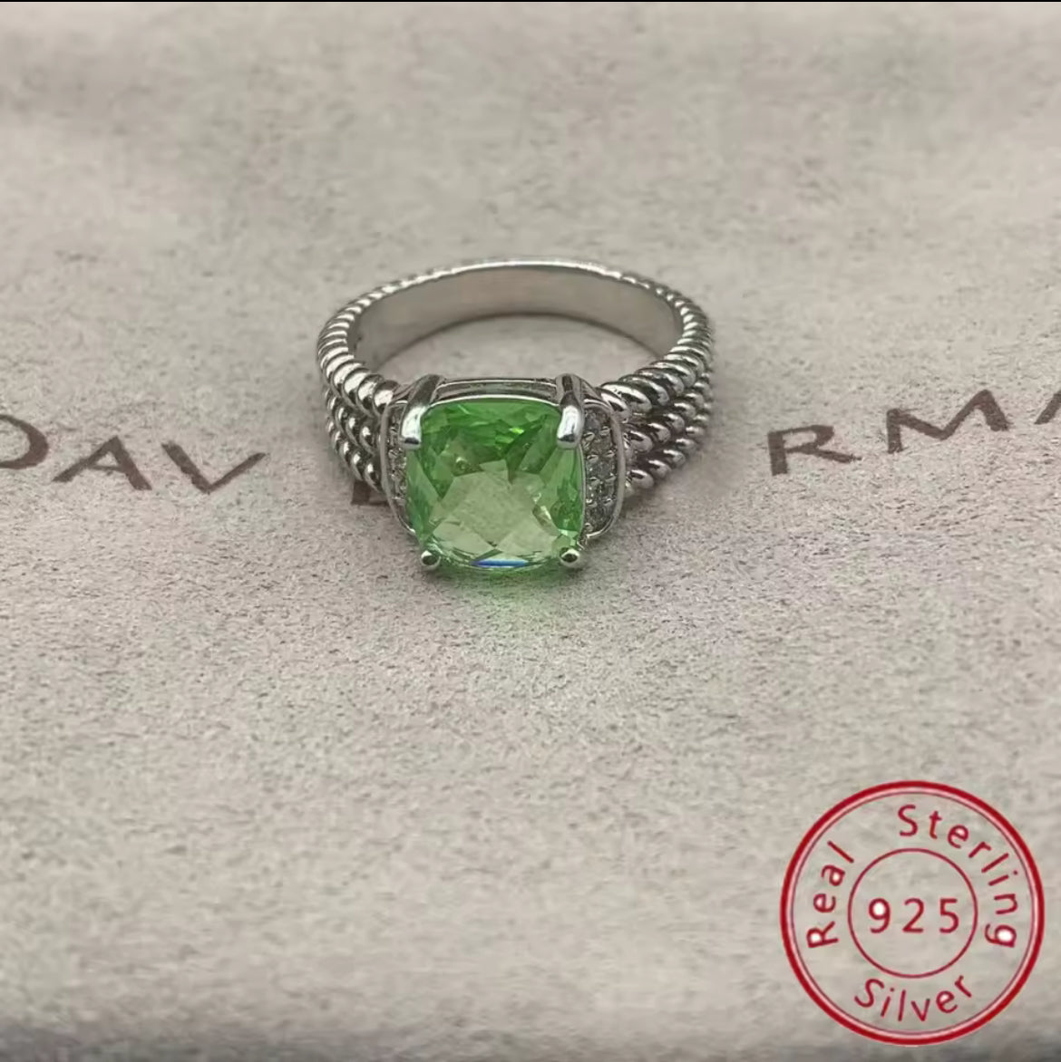 Square Sterling Silver gem stone earrings & rings with rhinestones and twisted cable style bands