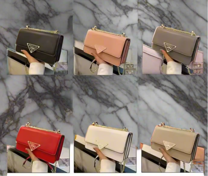 Collage of six handbags in different colors held by a person against a marble background.