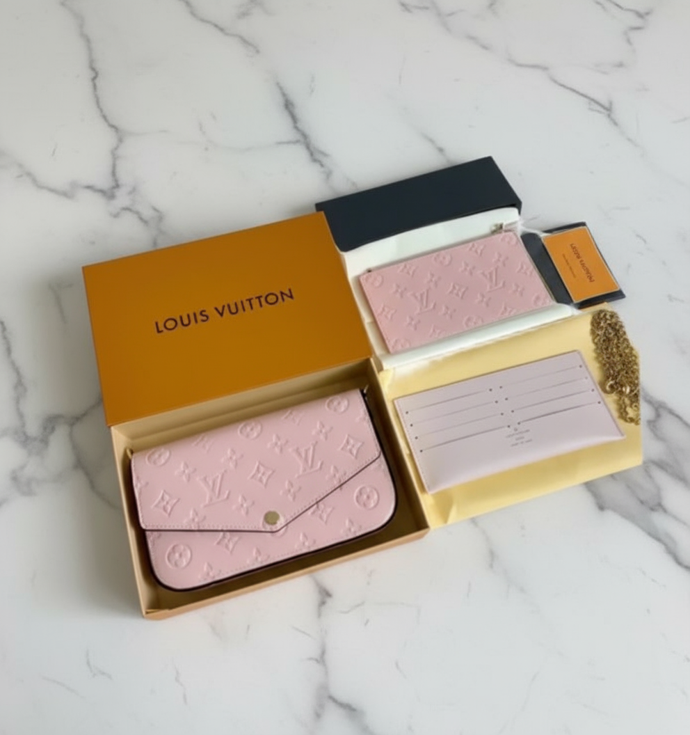 Small leather LV pouchette bag with chain and