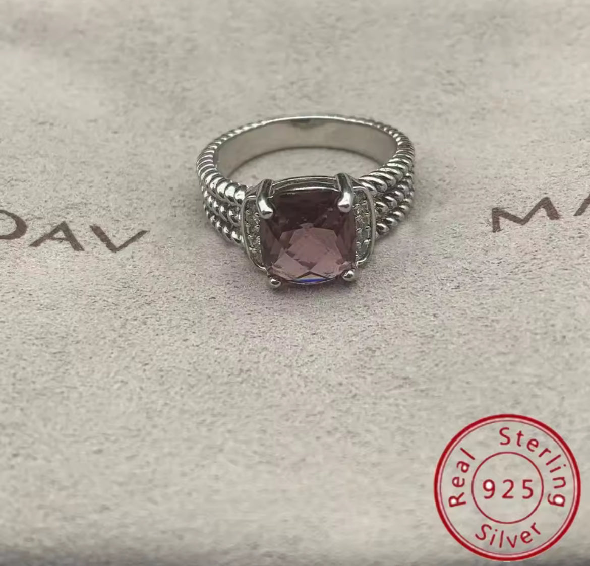 Square Sterling Silver gem stone earrings & rings with rhinestones and twisted cable style bands