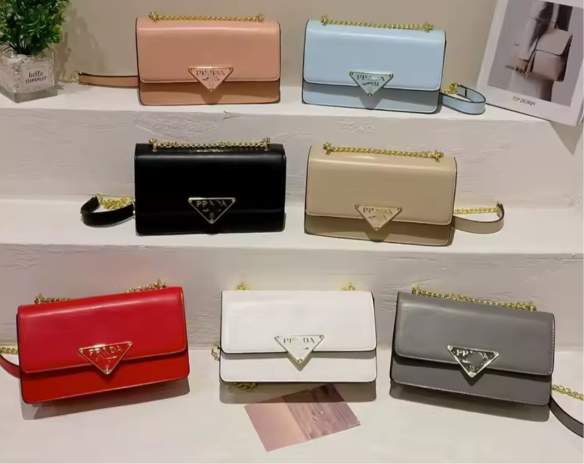 Small colorful crossbody flap bags with triangle logo snap closure