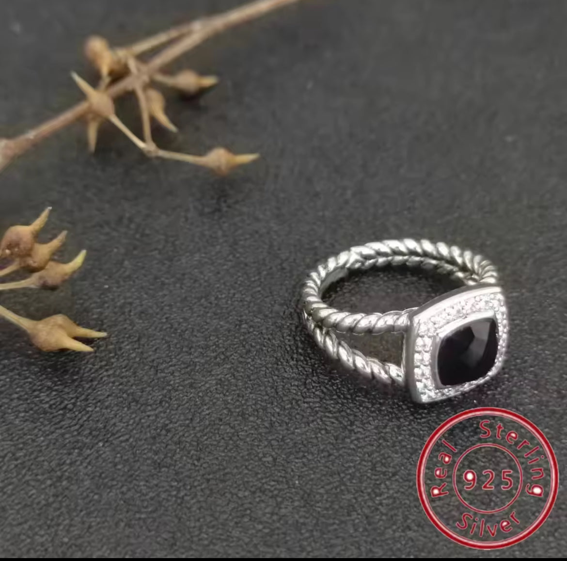 Square Sterling Silver gem stone earrings & rings with rhinestones and twisted cable style bands