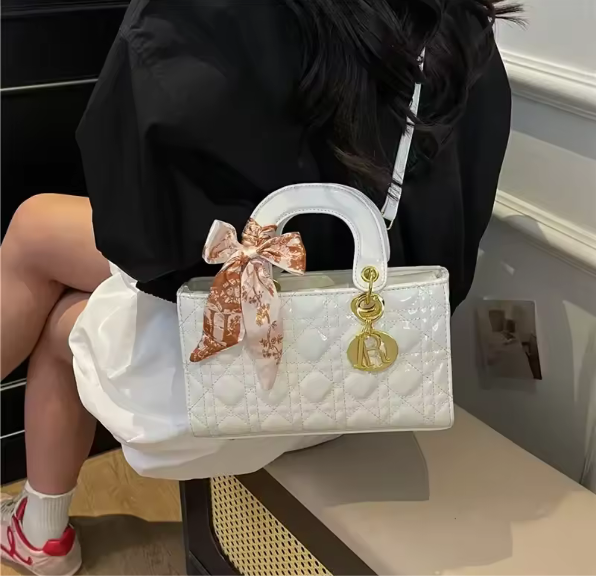 Large shiny white patent leather quilted diamond stitched tote with double handles & keychain 