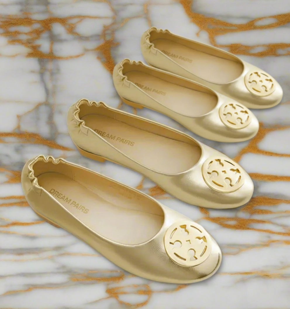 Vegan Leather Flats with metal T logo