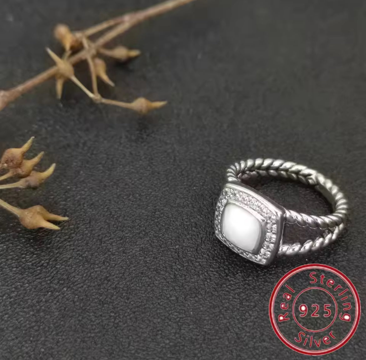 Square Sterling Silver gem stone earrings & rings with rhinestones and twisted cable style bands