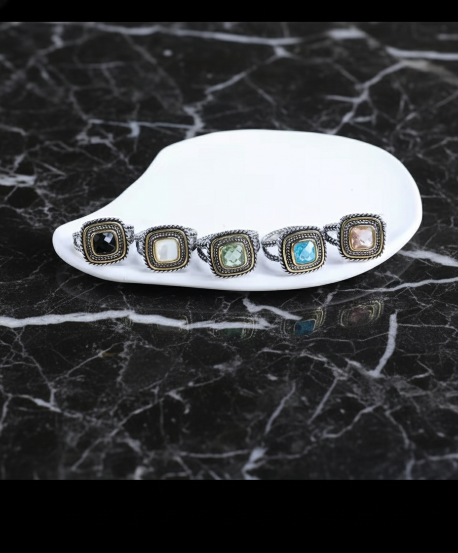 Square Sterling Silver gem stone earrings & rings with rhinestones and twisted cable style bands