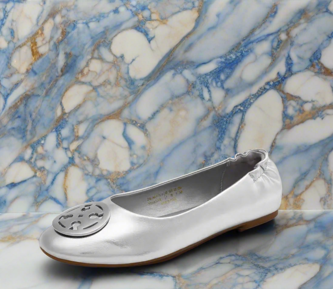 Vegan Leather Flats with metal T logo