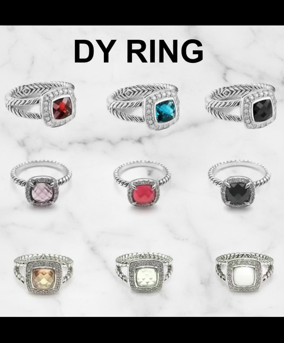 Square Sterling Silver gem stone earrings & rings with rhinestones and twisted cable style bands