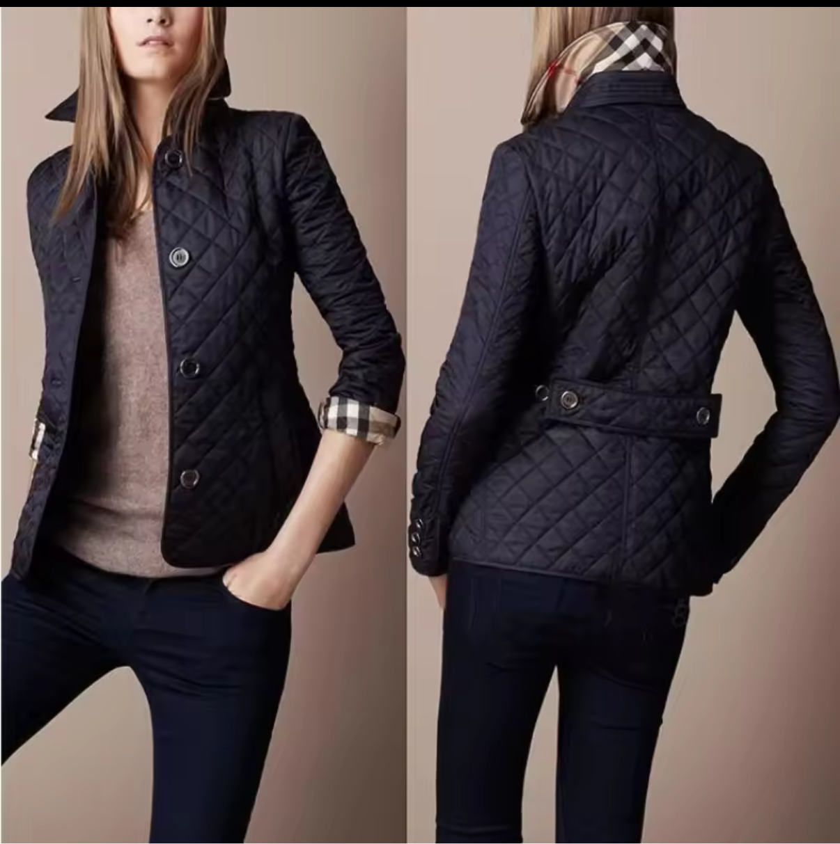 NEW!!!    Light weight black quilted jacket with beige plaid Lining (on sale!)