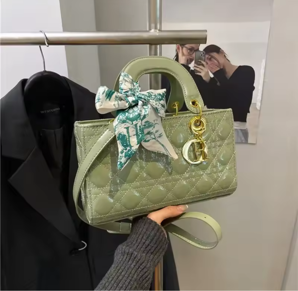 Large shiny sage green quilted diamond stitched tote with double handles & keychain. 