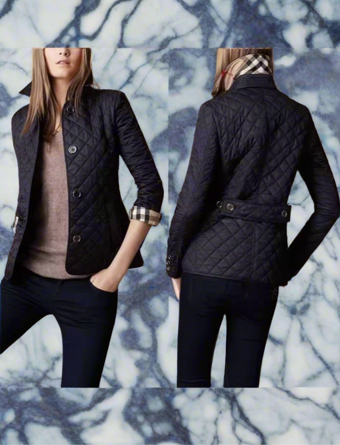 NEW!!!    Light weight black quilted jacket with beige plaid Lining (on sale!)