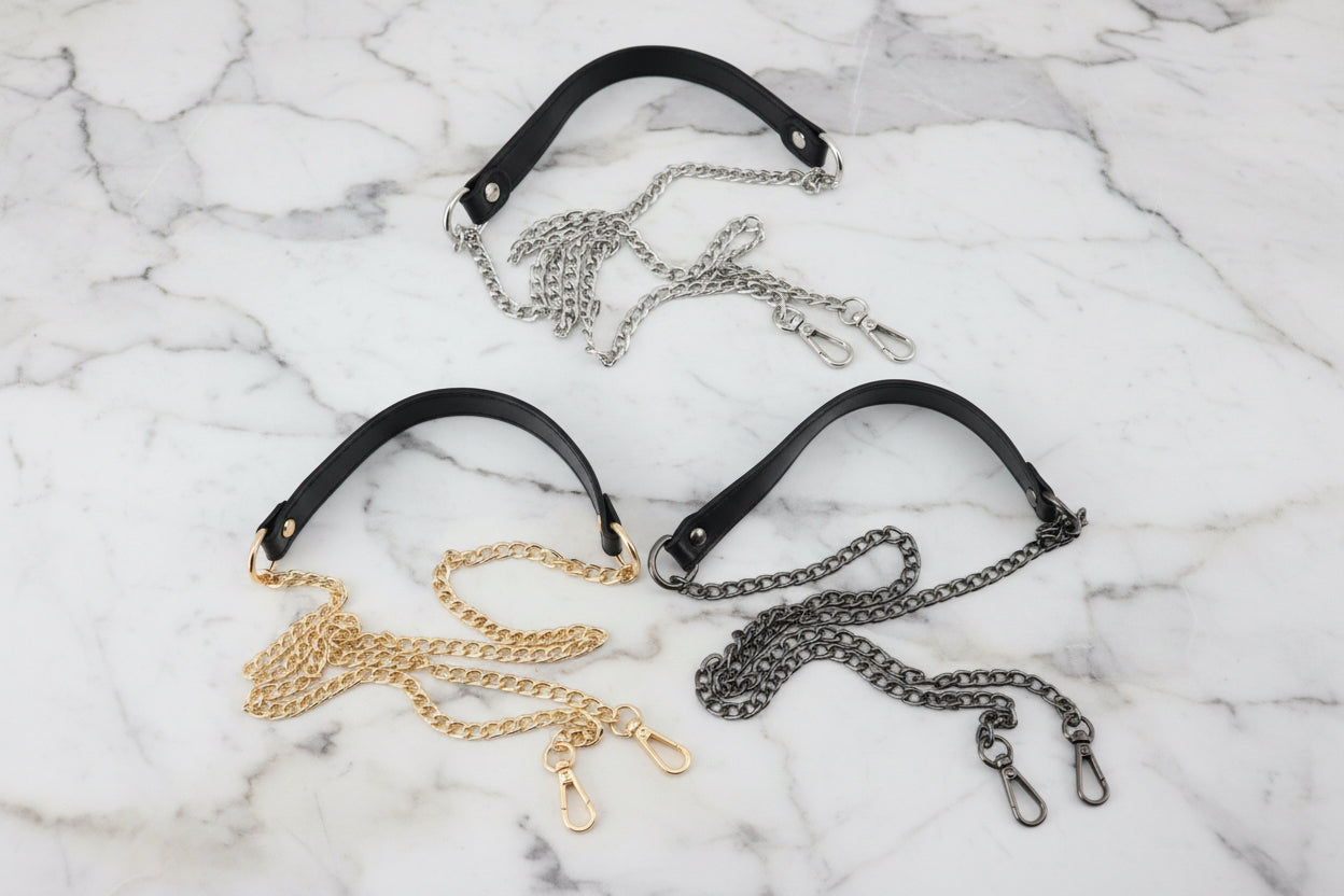Long chain purse straps with leather handle