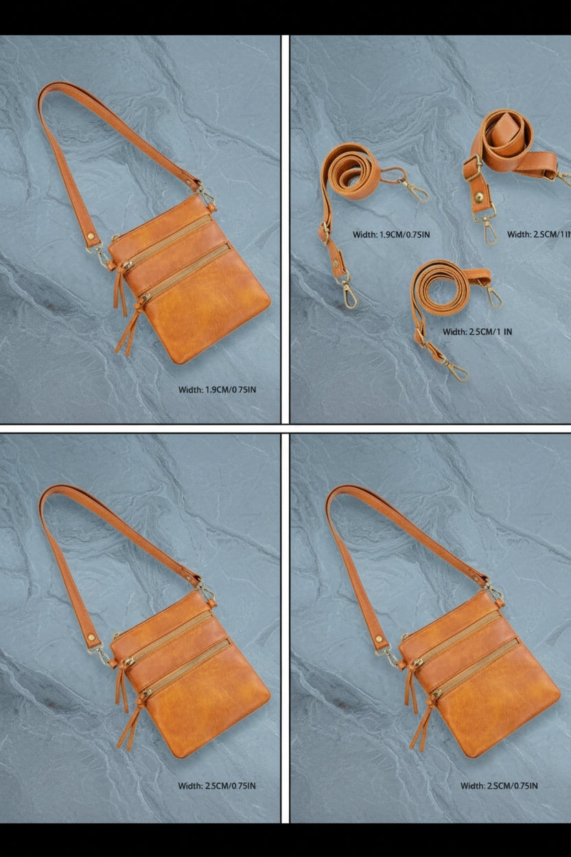 Brown leather crossbody bag with strap details on a white background