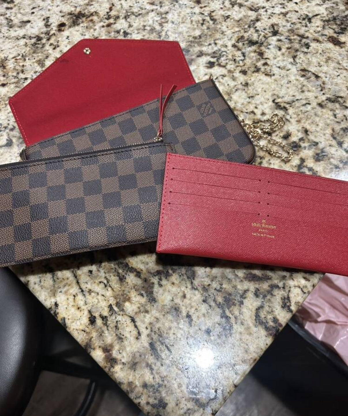 Small leather LV pouchette bag with chain and