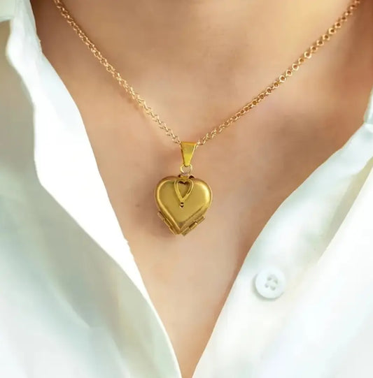 Personalized golden heart locket necklace with 4 photos inside!