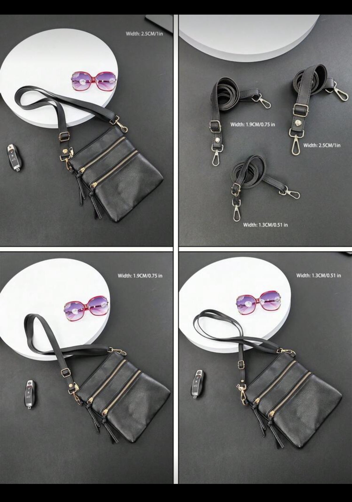 Black handbag with strap and sunglasses on a gray background