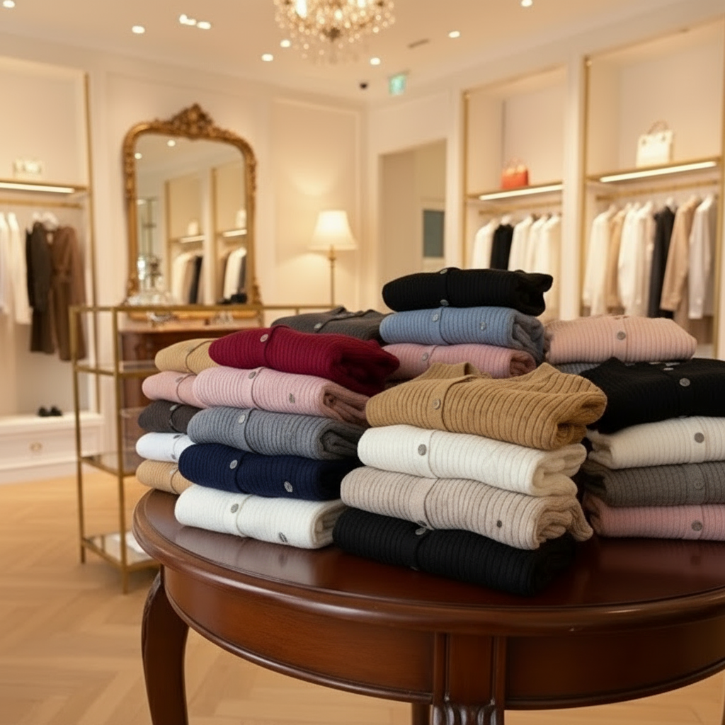 Stack of cable knit sweaters on a wooden table in a clothing store. 
