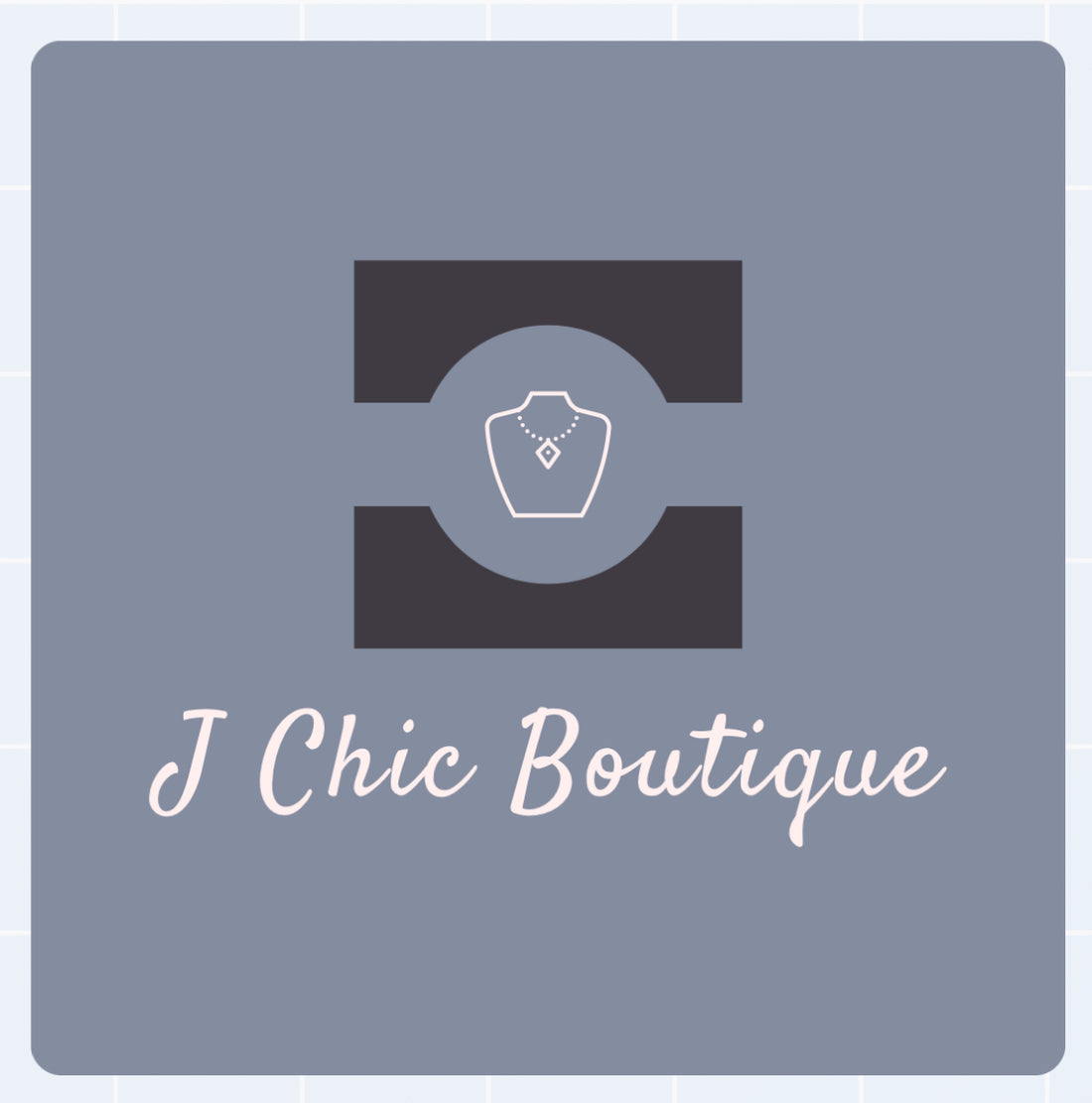 Jchicboutique company logo. Grays, black & white, company name & jewelry emoji 